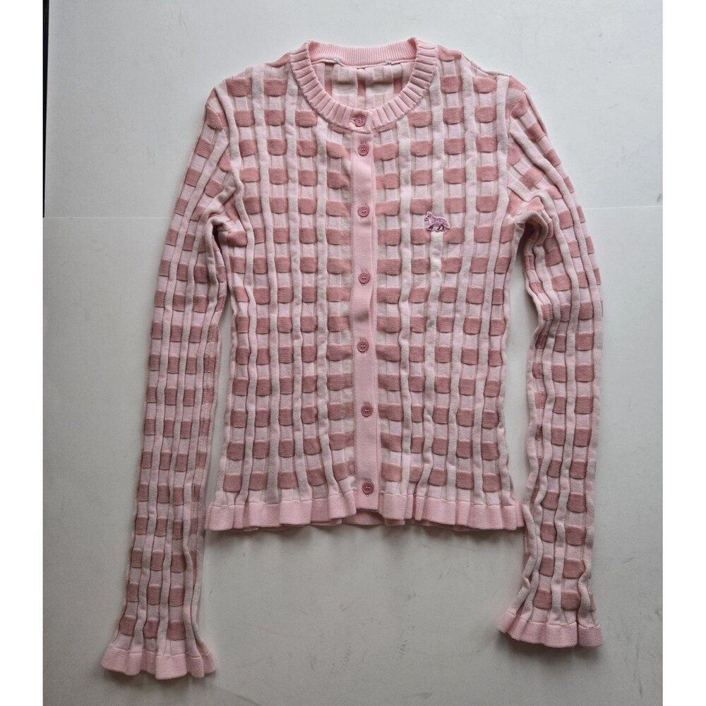 Maison Kitsune womens‎ XS? fitted cotton pink checked ribbed cardigan